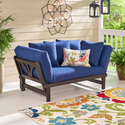 Better Homes & Gardens Delahey Convertible Wood Outdoor Sofa - Blue Cushions