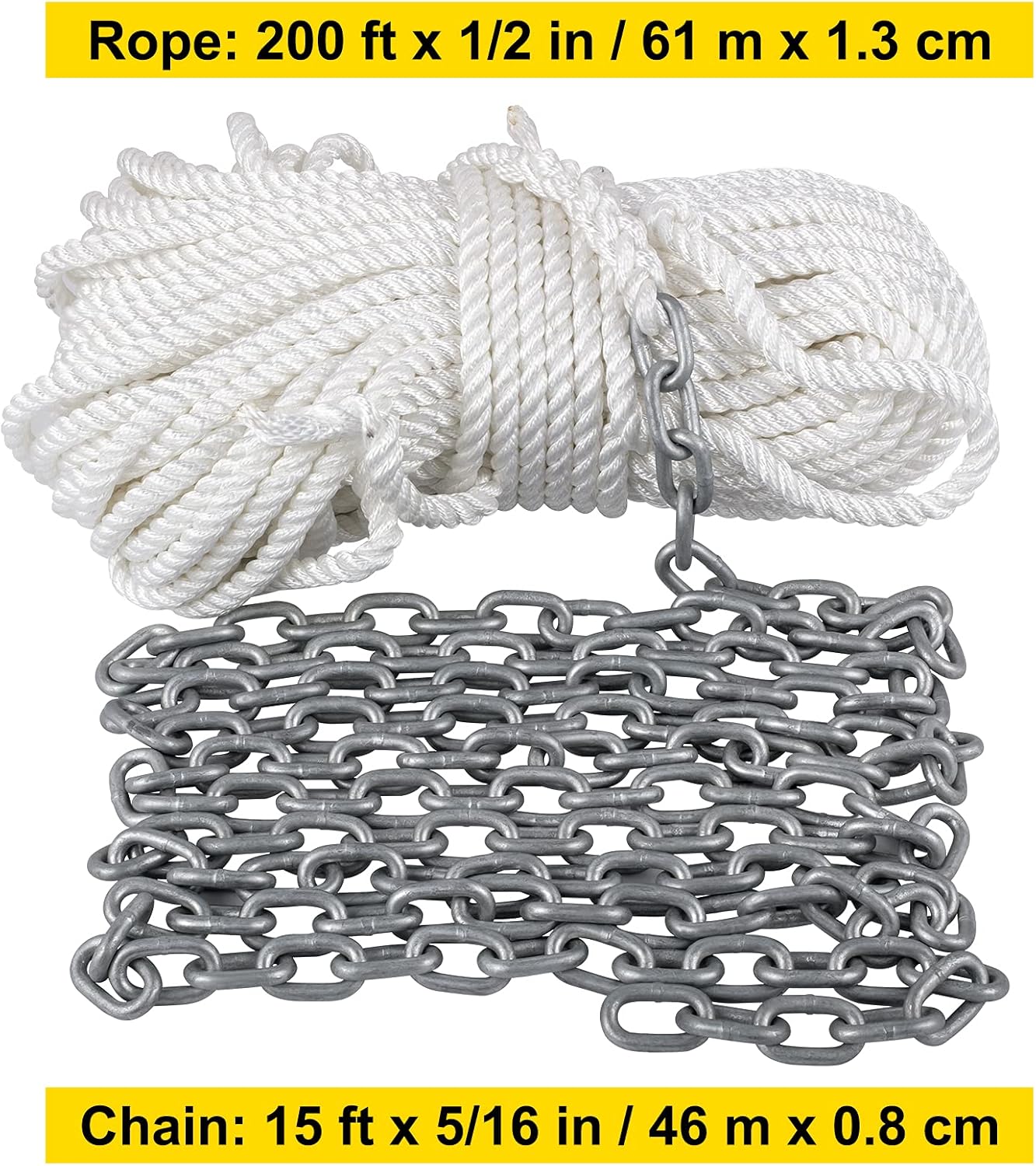 VEVOR Anchor Rode and Chain, 15' x 5/16" Boat Anchor Chain, 1/2" x 200' Nylon Rope, 2.2T Chain Tension Galvanized Steel Chain, Windlass-Grade Three Strand Twist Nylon, Anchor Chain for Boats, Ships