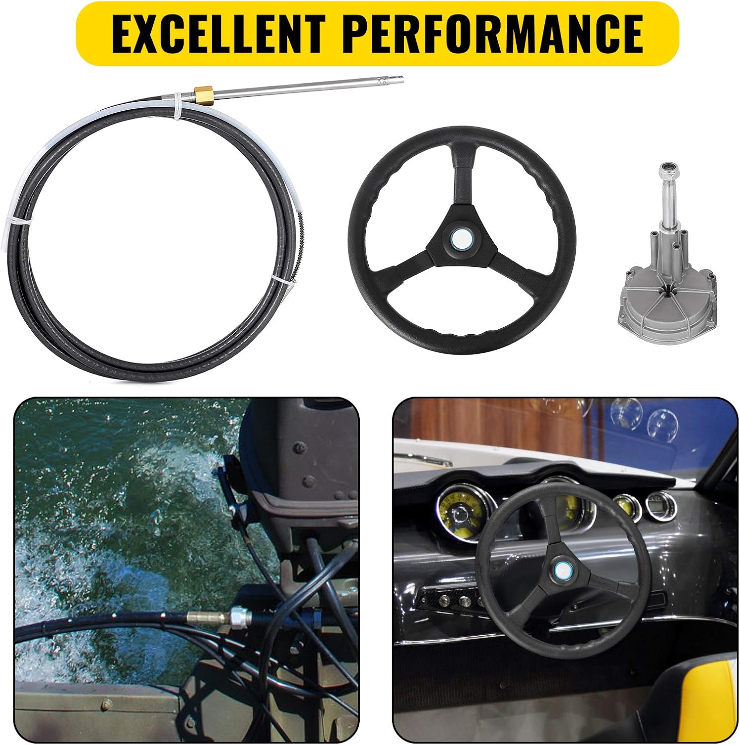 Bestauto Boat Steering Cable 12' Outboard Steering Cable 12 Feet Mechanical Rotary Steering Kit with 13 Inch Wheel for Boat Steering System