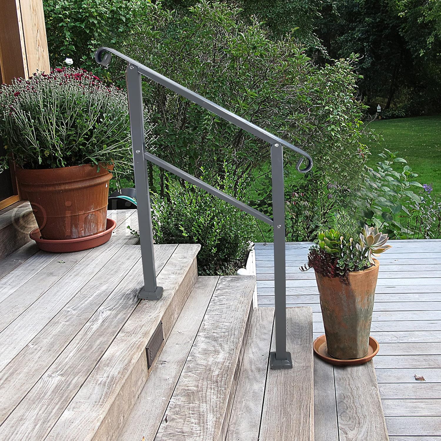 SCARIUOutdoor Stair Railing, Fit 1 or 3 Steps Handrails for Outdoor Steps, Black Wrought Iron Handrail, Flexible Front Porch Hand Rail, Transitional Handrails for Concrete Steps or Wooden Stairs