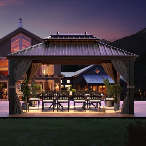 YOLENY 10' x 12' Hardtop Gazebo, Wood-Looking Gazebo with Galvanized Steel Double Roof, Aluminum Frame, Permanent Metal Pavilion with Netting and Curtains for Deck, Backyard, Patio and Lawns