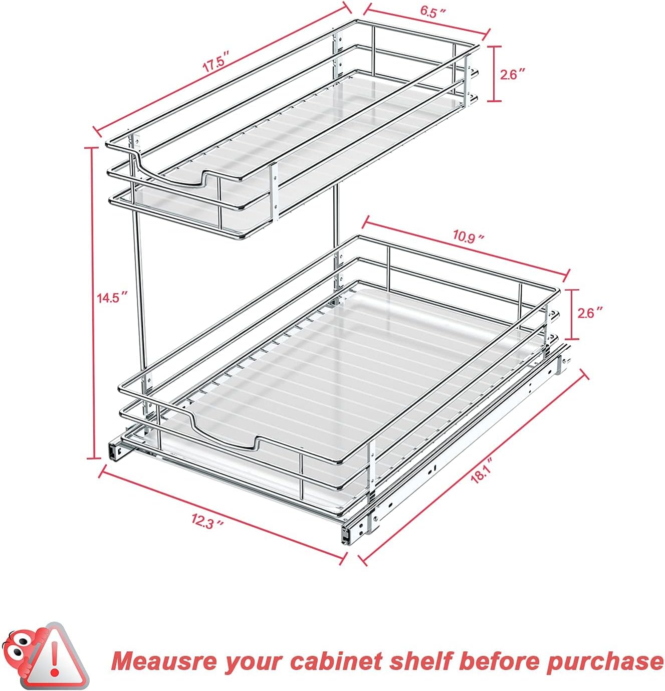 Bextsrack Under Sink Cabinet Organizer Storage with 2 Tier Pull Out Sliding Shelf with Protective Shelf Liners for Kitchen Bathroom Cabinet, 12.2Wx18.1Dx14.5H-Inch - Silver