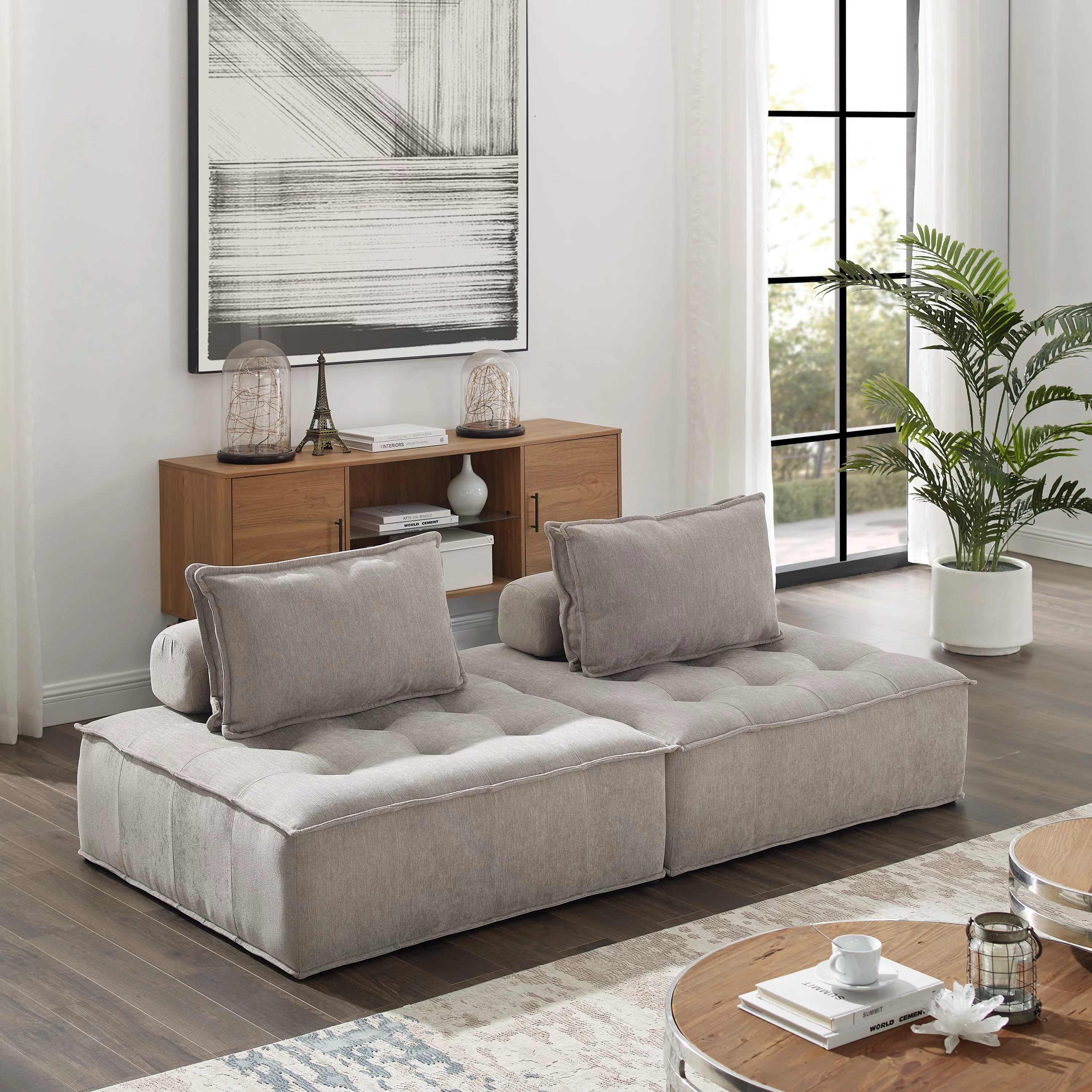 Art Leon Sectional Sofa Fabric Upholstered Button Tufted Beige