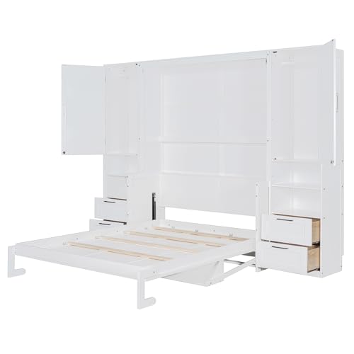 Merax Queen Size Murphy Bed with Desk, Space-Saving Wall Bed Frame with Closet, Drawers and Shelves, Foldable Platform Bed for Small Spaces Studio Study Office Guest Room, Gray