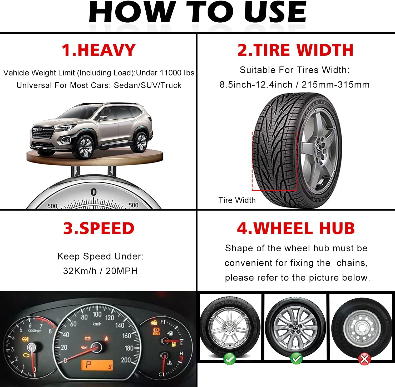 Tire Chains, Snow Chains 12 pcs for Trucks Suvs, Cars, Sedan, Family Automobiles with Update Adjustable Lock for Ice, Snow,Mud,Sand,Applicable Tire Width 225-285 mm /8.8-11.3in