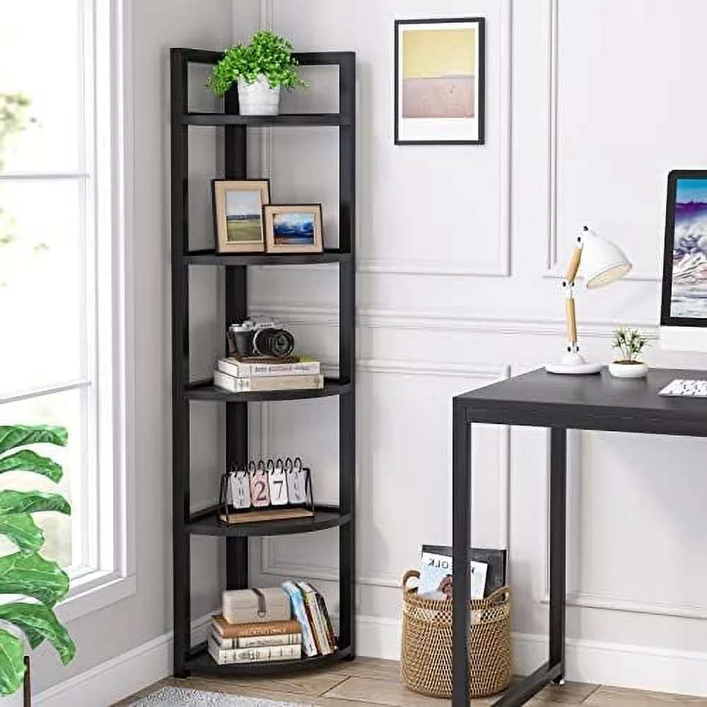 YZboomLife 5 Tier Corner   Rustic Corner Bookshelf Small Bookcase  Rack Plant Stand for Living Room  Home Office  Kitchen  Small Space (Brown)