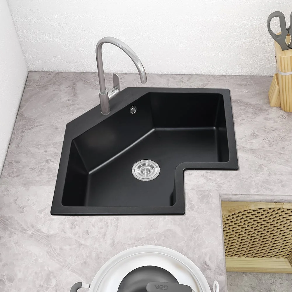 Homary 25" Black Drop In Corner Kitchen Sink Modern Single Bowl Quartz Irregular Sink