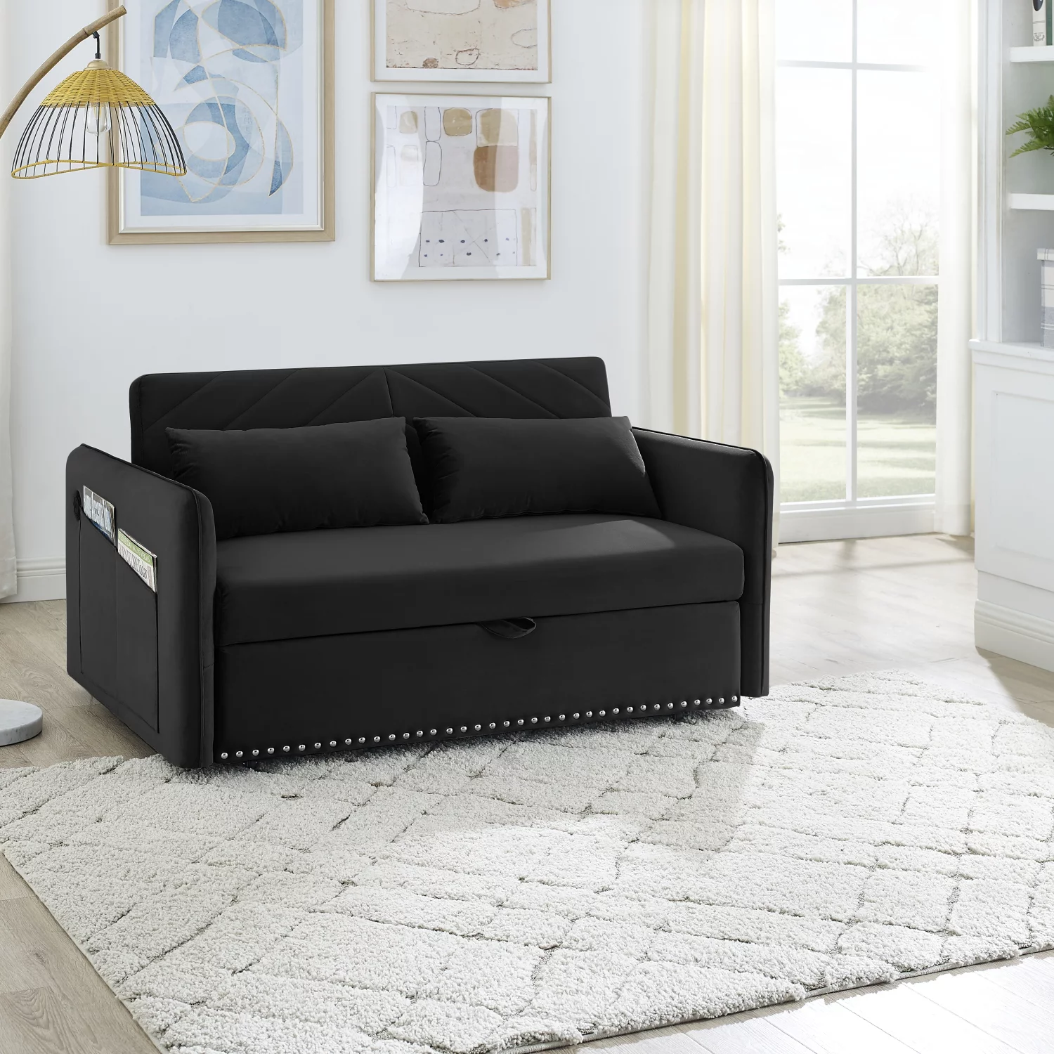 Holaki Pull-out Sofa Sleeper, 3-in-1 Adjustable Sleeper with Pull-out Bed, 2 Lumbar Pillows and Side Pocket, Soft Velvet Convertible Sleeper Sofa Bed, Black