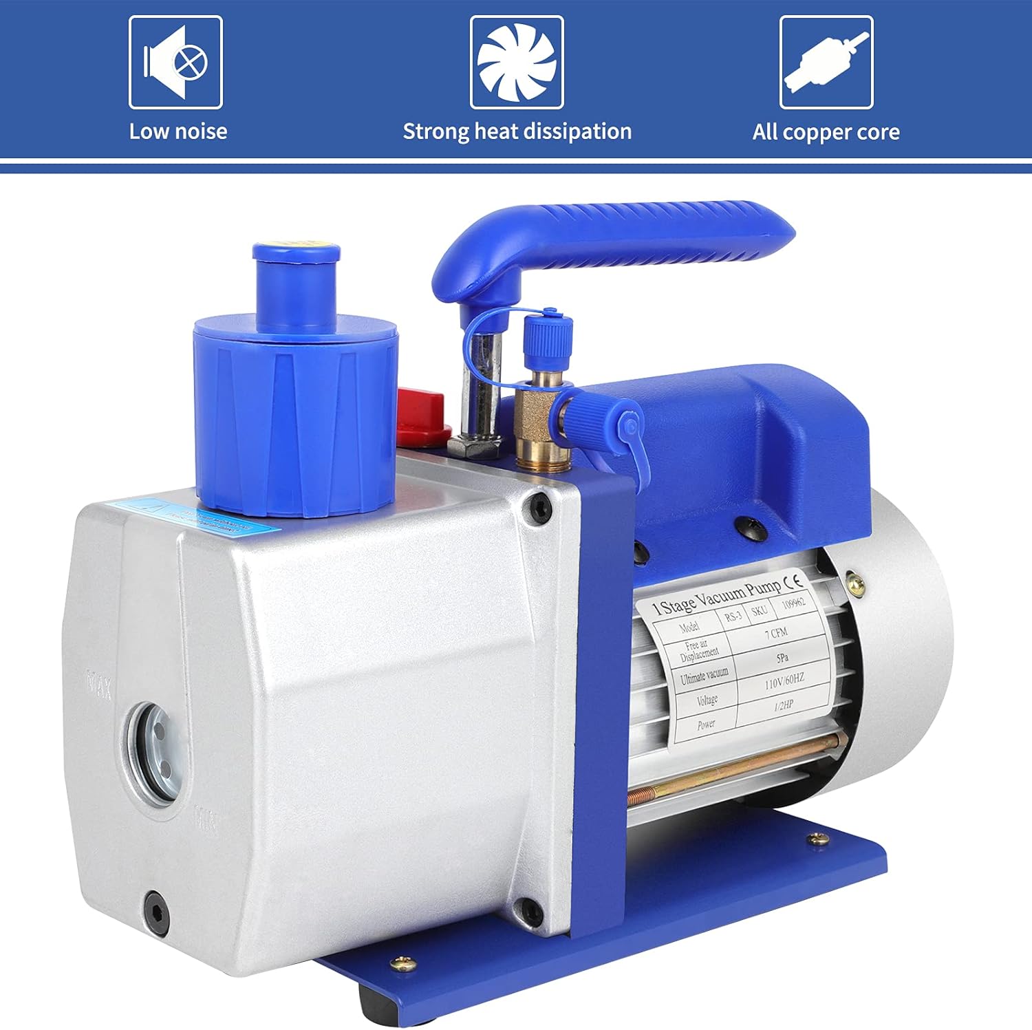 7 CFM Rotary Vane Vacuum Pump (7CFM,1/2HP,5 Pa,110V/60Hz,250ml Oil Capacity) for HVAC/Auto AC Refrigerant Recharging, Wine Degassing, Milking, Medical, Food Processing etc
