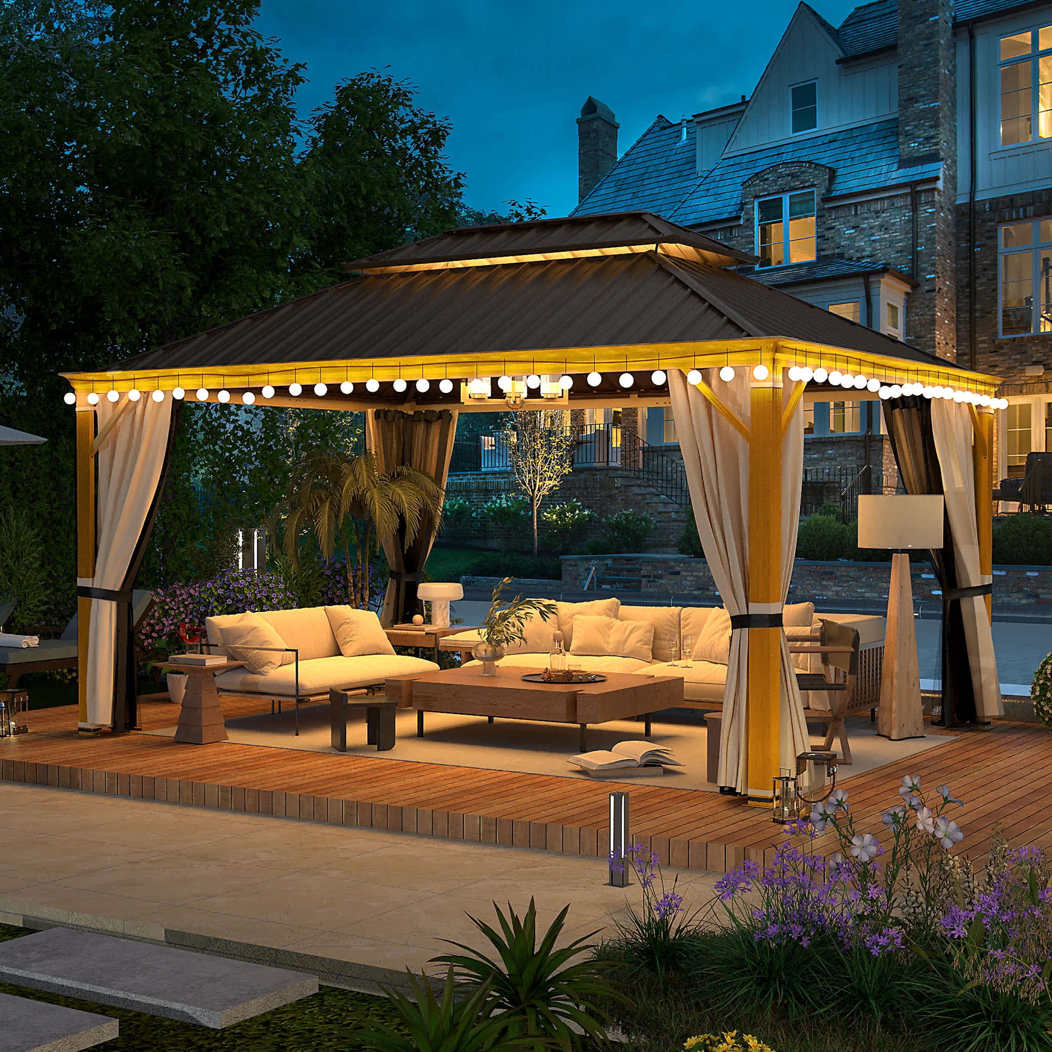 Richryce Gazebo 12’x16’W/Steel Double Roof Hardtop Gazebo, Rust Resistant Coated Aluminum Frame Waterproof Pavilion, Curtains & Netting Included Gazebo for Patio Backyard Garden Lawn Parties, Brown
