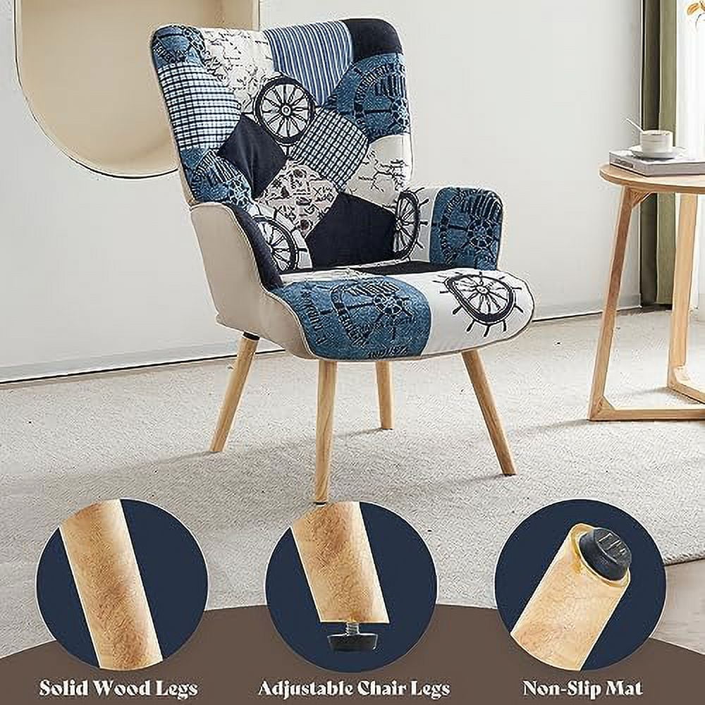 NLIBOOMLife Living Room Accent Chair with High Backrest Wooden Base Upholstered Armchair for Small Spaces Morden Cozy Chair for Bedroom Grey Plaid Bohemian Style for Bedroom Waiting Room