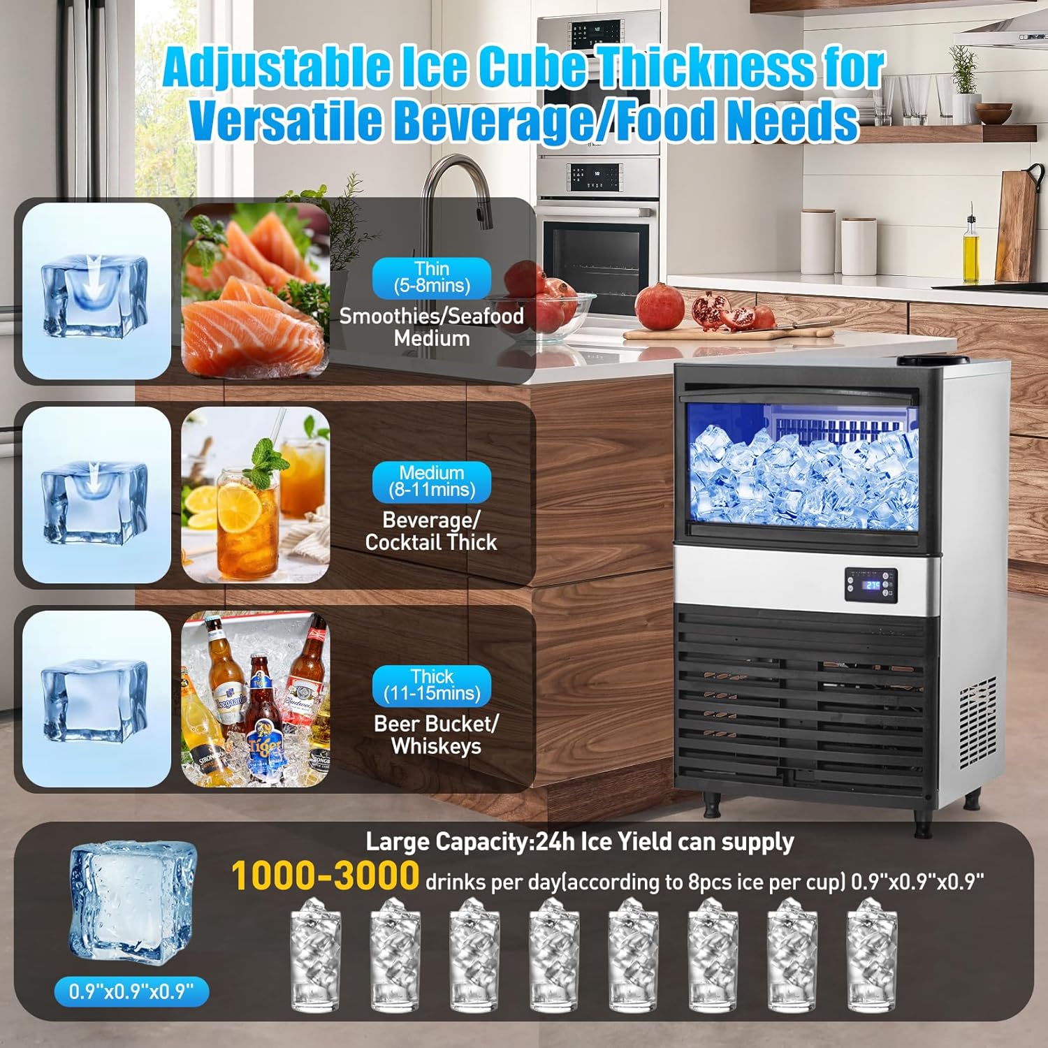 Commercial Ice Maker Machine, 110Lbs/24H, 26Lbs Storage Bin, Under Counter ice Machine, Automatic Cleaning Function Ideal for Home, Bar, Hotel,Coffee Shop, 2 Water Inlet Modes