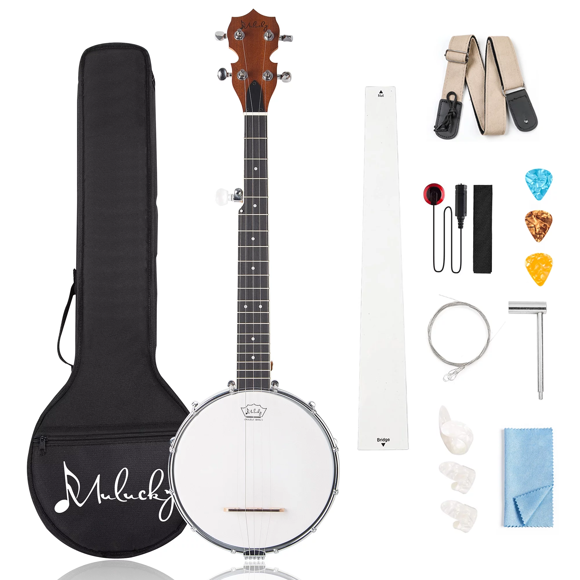Mulucky 5 String Banjo Mini - 28 Inch Travel Banjo Sapele Body Closed Solid Back Beginner Kit With Gig Bag Tuner Picks Strings Strap - B806 - Curated Treasures Market
