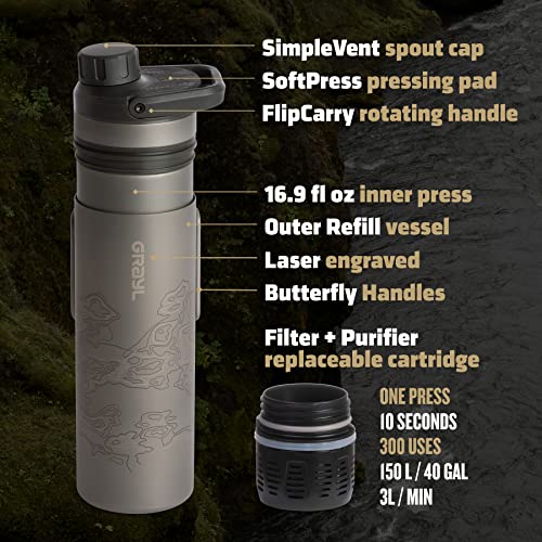 GRAYL UltraPress Titanium 16.9 oz Water Purifier & Filter Bottle for Hiking, Backpacking, Survival, Bushcraft, Travel