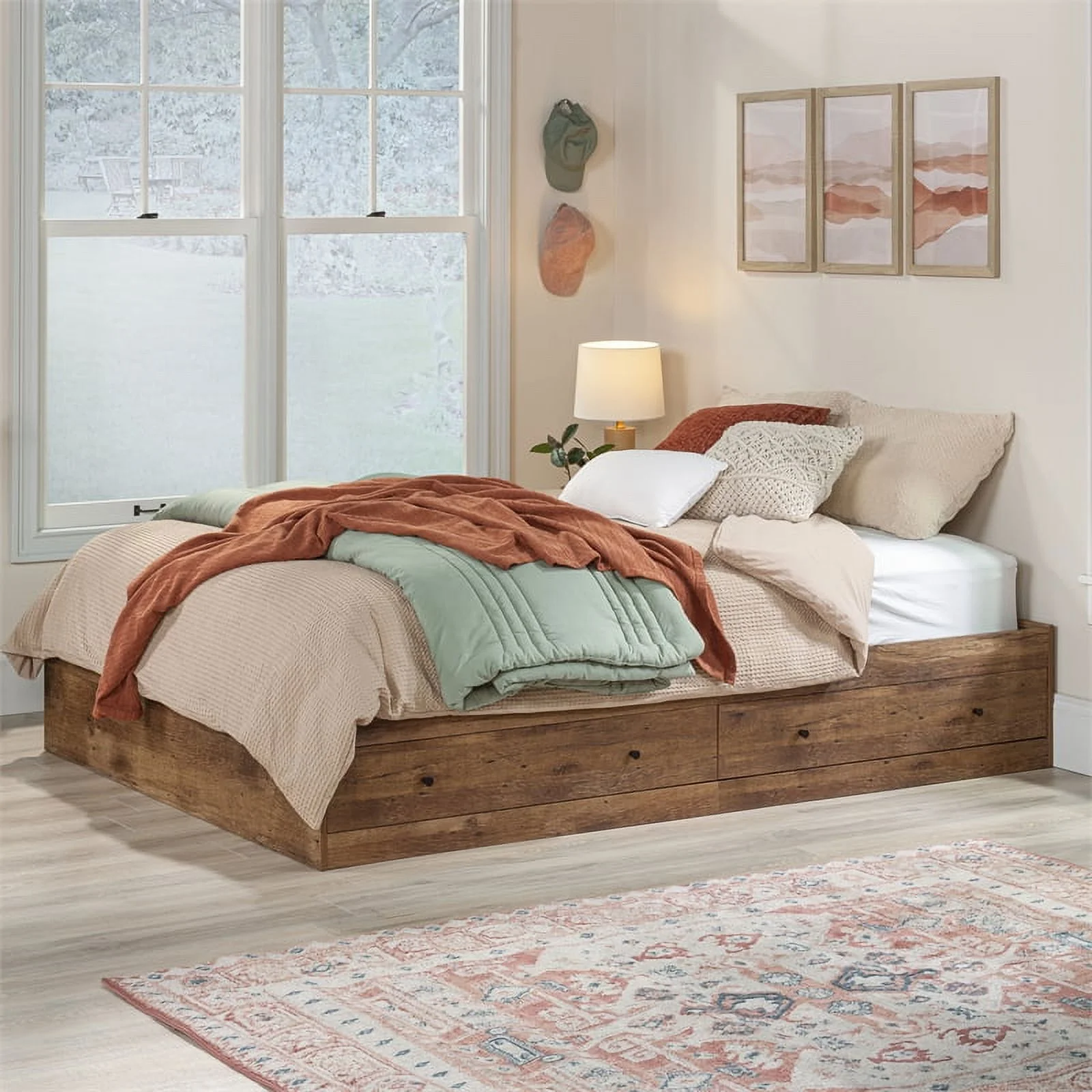 Sauder Boulevard Cafe Engineered Wood Queen Storage Bed in Vintage Oak Finish