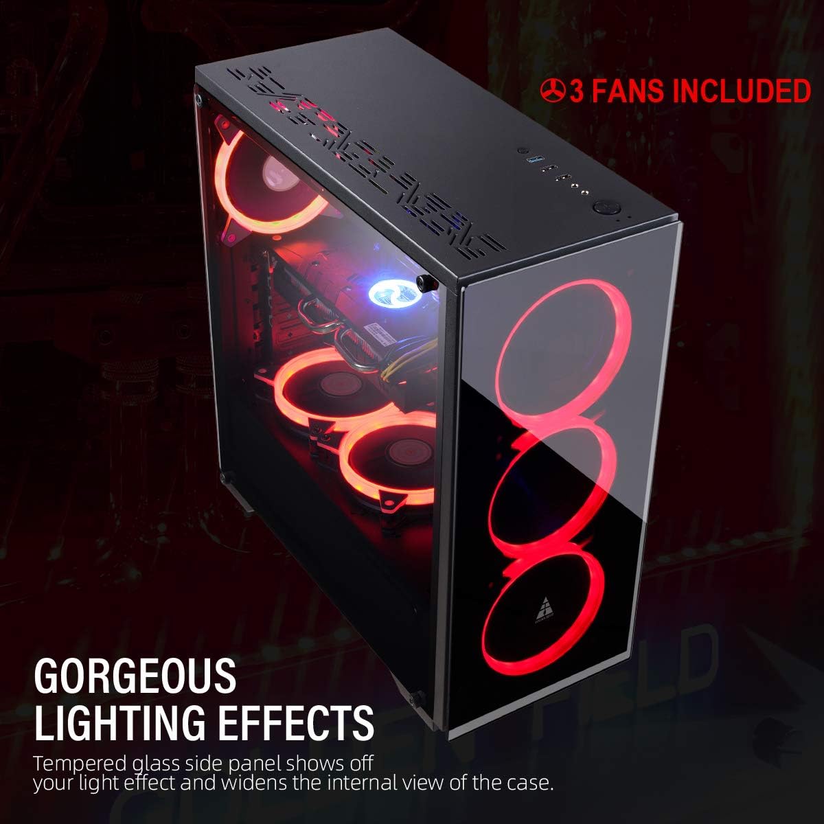 GOLDEN FIELD N17 Computer Case with 3 LED Red Fans PC Gaming ATX Case Acrylic Side Panel Pack of 2