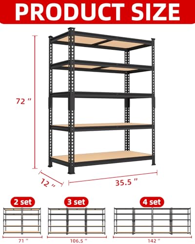 PrimeZone 2 Pack Storage Shelves 48" x 24" x 72" - 5 Tier Heavy Duty Adjustable Garage Storage Shelving, Metal Storage Utility Rack Shelf Unit for Warehouse Pantry Closet Kitchen, Black
