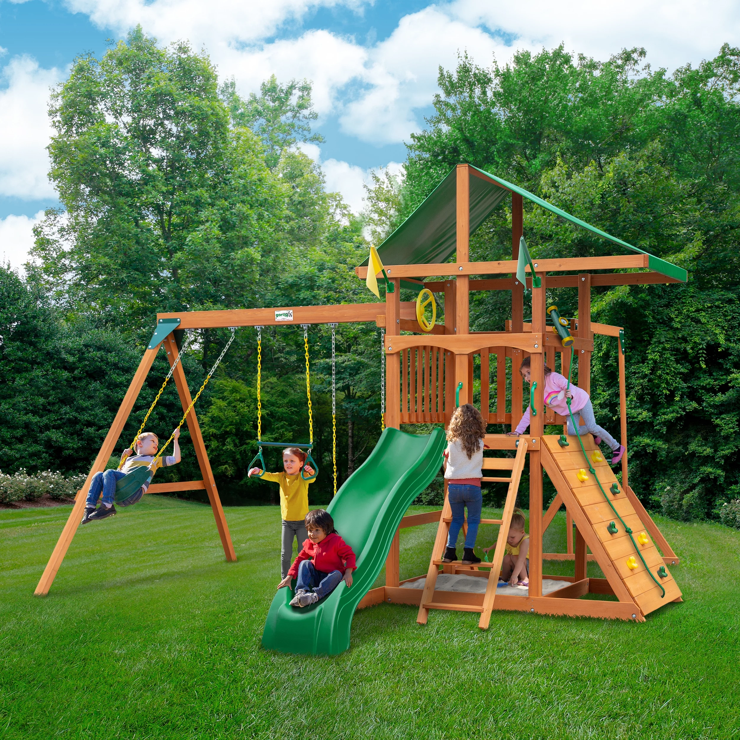 Gorilla Playsets Avalon Swing Set with Vinyl Canopy, Monkey Bars, Climbing Wall and Wave Slide, Amber
