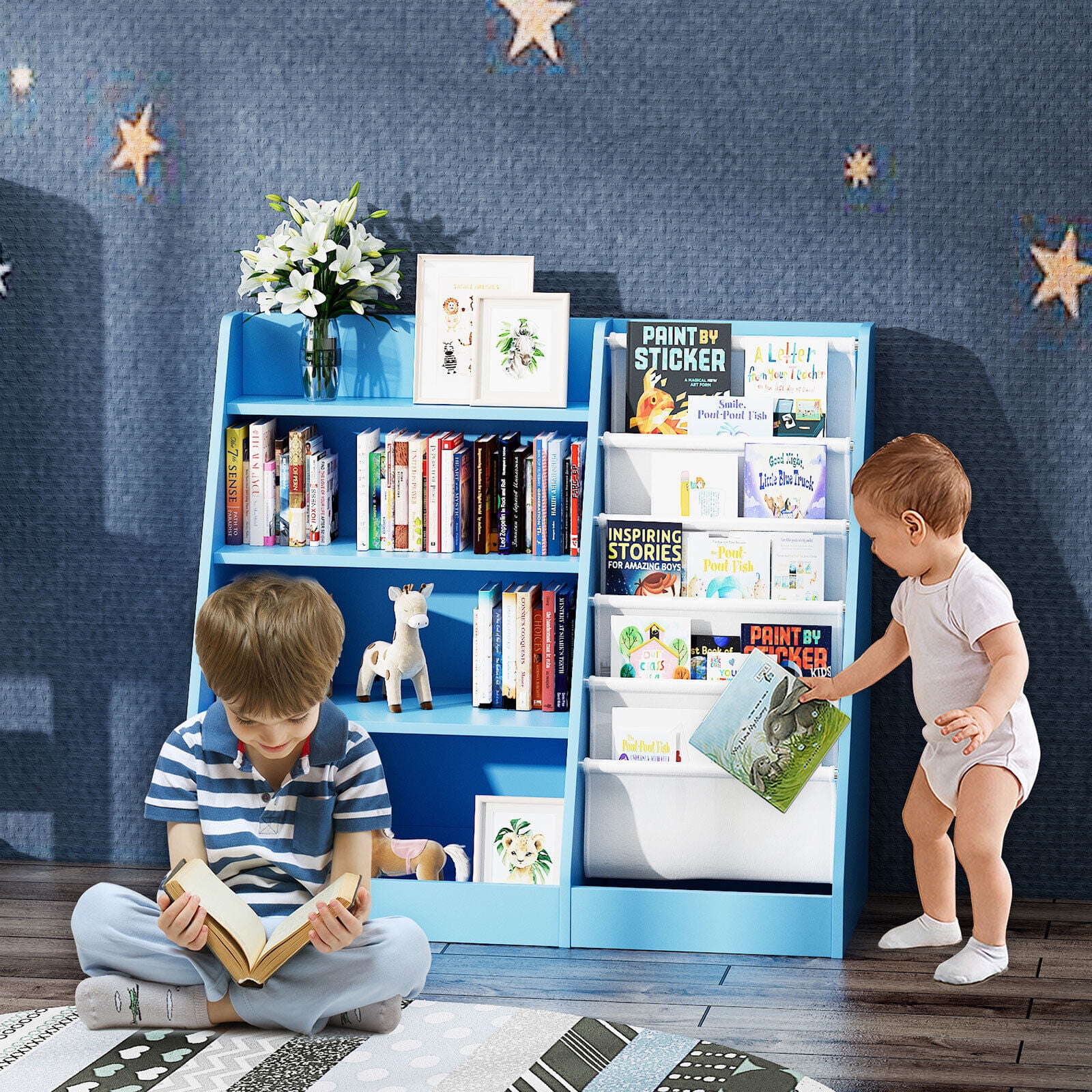 Kids Wooden Bookshelf,5-Layer Sling Bookcase,Storage Display Rack Toy Organizer Cabinet,for Kids Toddlers,Bedroom,Nursery,Blue