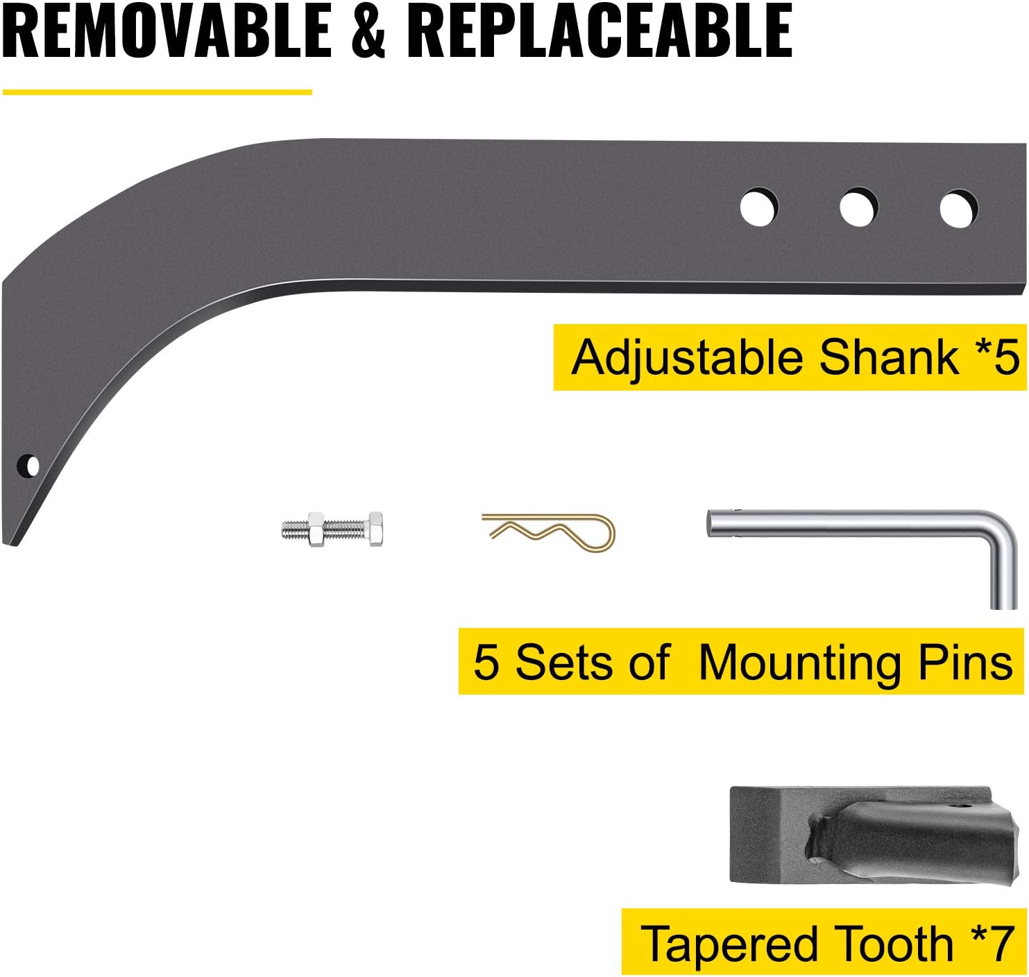VEVOR 5pcs Box Blade Shank, 16'' Scarifier Shank, 3 Holes Box Scraper Shank, Ripper Shank with Removable Tapered Teeth and Pins, Adjustable Shanks Assembly for Replacement, Digging, Plowing