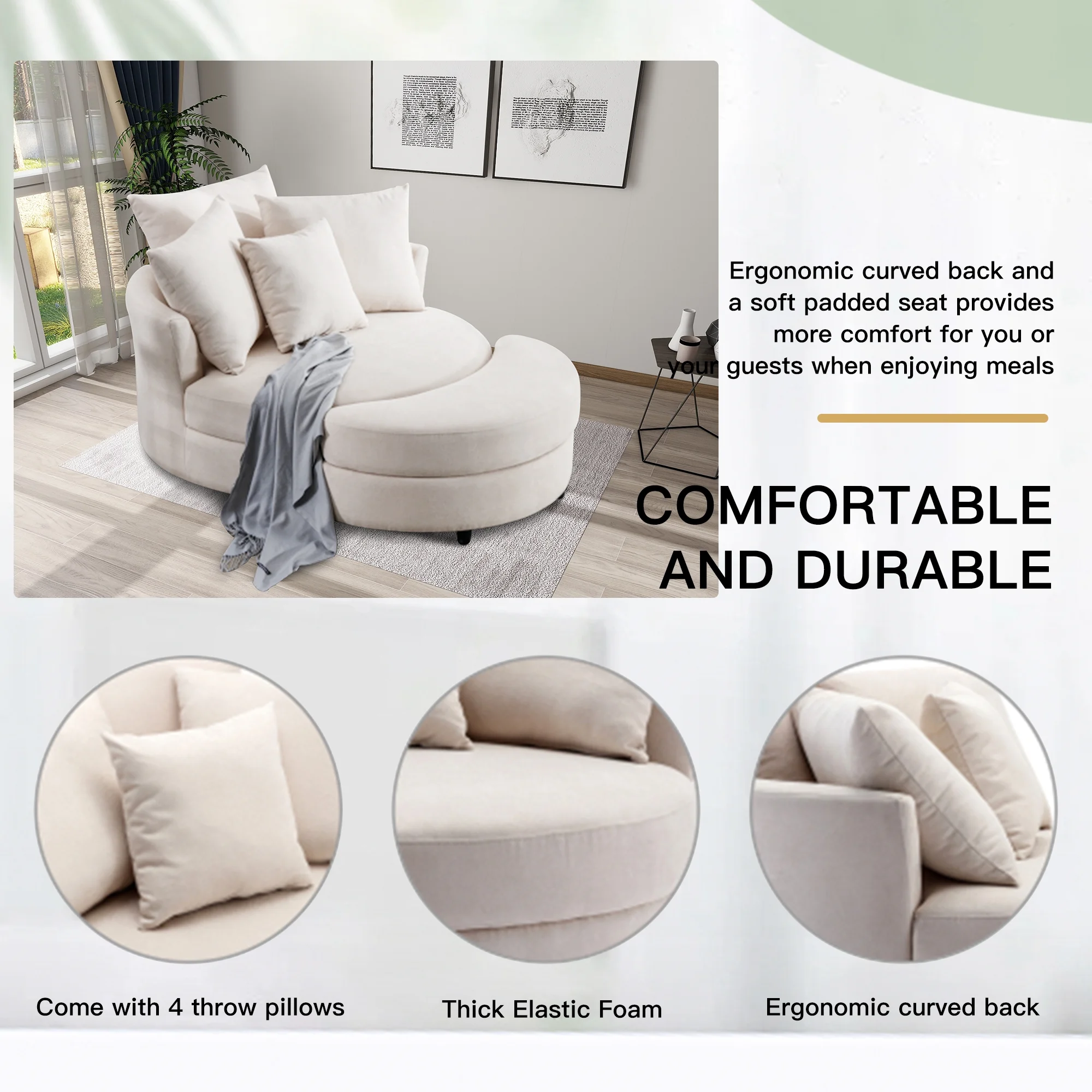 360° Swivel Accent Barrel Chair and Half Crescent Moon Storage Bench Large Ottoman with 4 Pillows,Upholstered Oversized Leisure Round Loveseat Recliner Sofa Chaise Lounge Circle Armchair