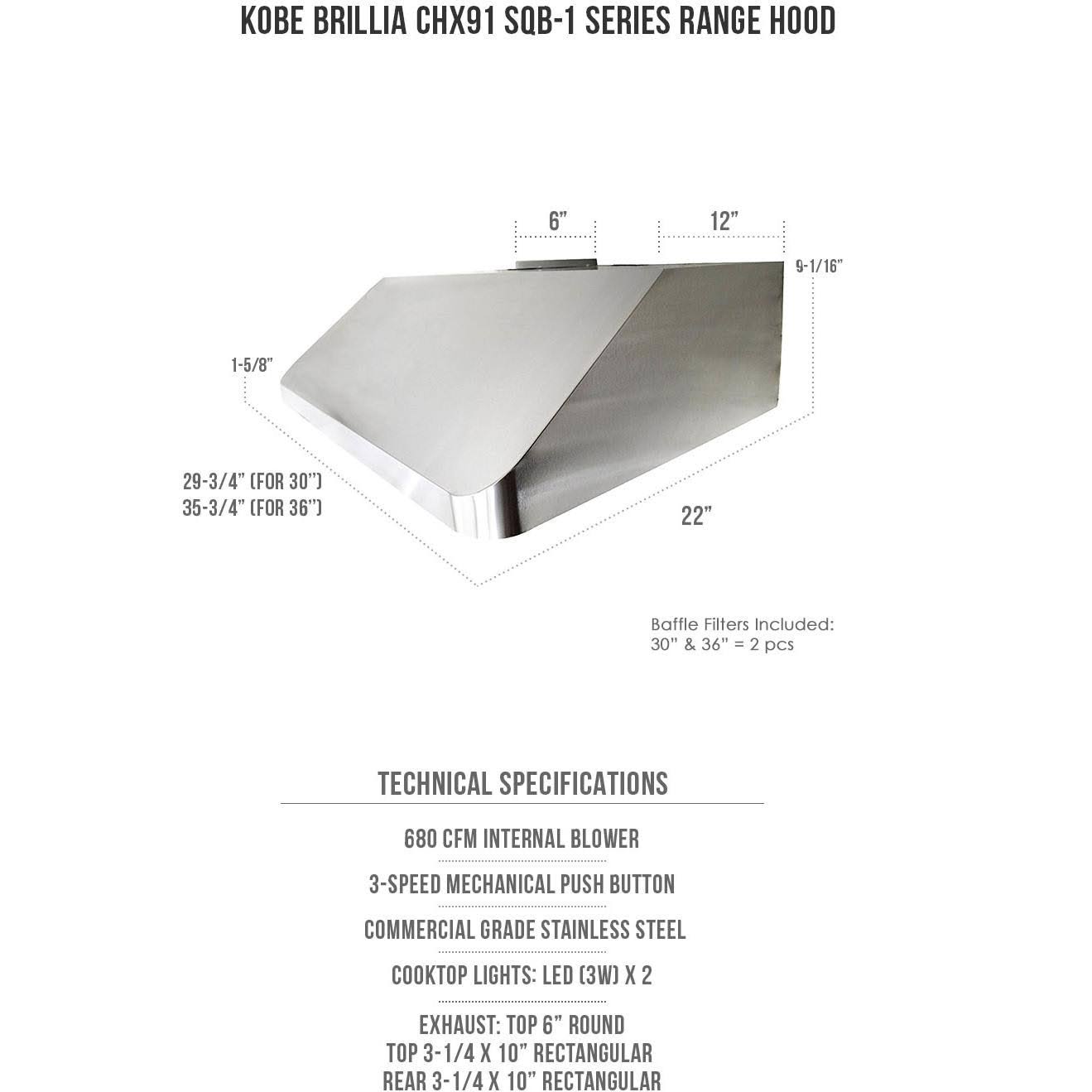 Kobe CHX9136SQB-1 Brillia 36-Inch Under Cabinet Range Hood, 3-Speed, 680 CFM, LED