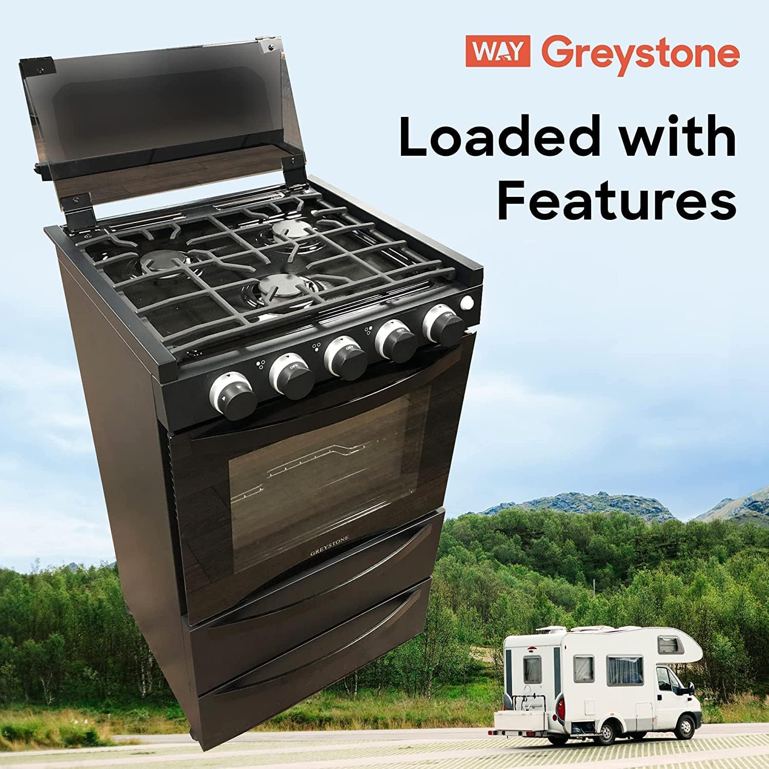 Way Interglobal Greystone, 12 Volt RV Gas Range and Cooktop, Stove and Oven Combo, 21 Inch, LP Gas, Black