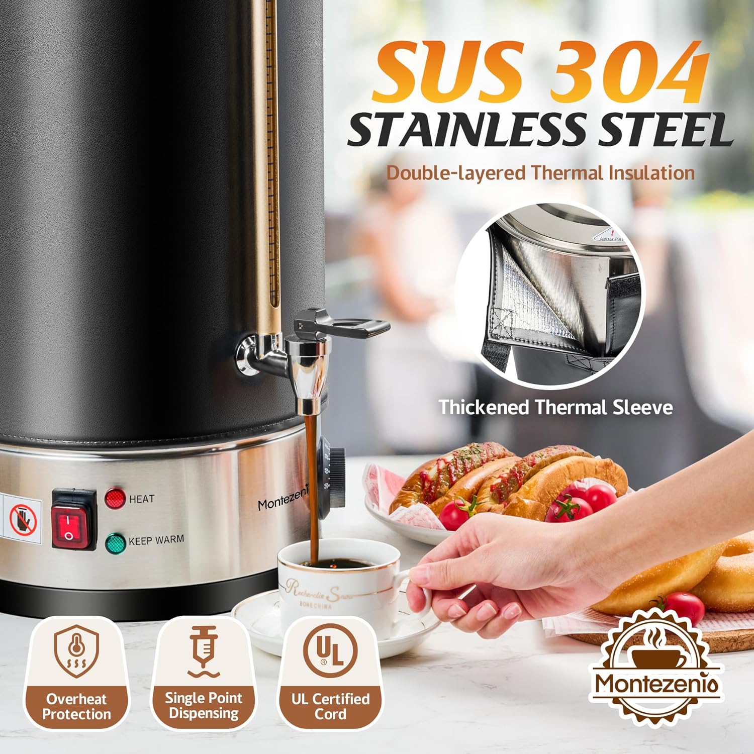 100 Cup Commercial Coffee Urn,Stainless Steel &Thermal Sleeve, 15L Large Coffee Dispenser to Quick Brewing, Hot Water Urn for Home Party Office Catering with Water Level，Temp Control,Indicator Display