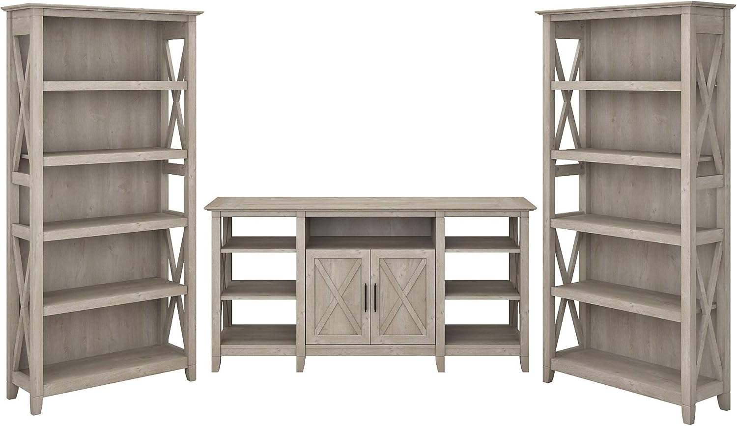 Bush Furniture Key West Tall TV Stand with Set of 2 Bookcases, Washed Gray