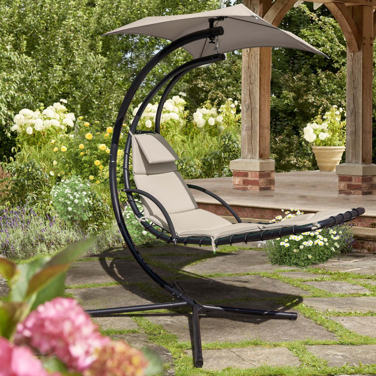 Vineego Outdoor Curved Hanging Chaise Lounge Chair Floating Chaise Lounger Patio Swinging Hammock w/Pillow, Removable Canopy & Steel, Beige