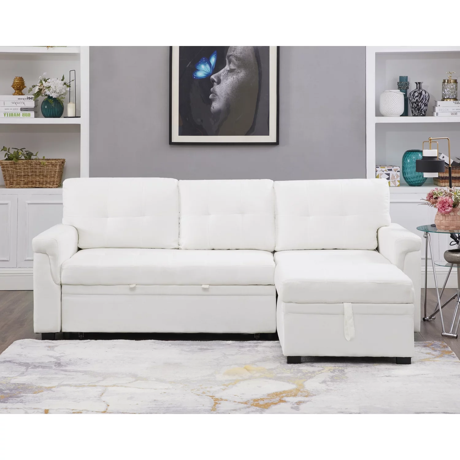 Naomi Home Jenny Sectional Sleeper Sofa - Elegant L-Shaped Couch Convertible Pull-Out Bed, Ample Storage, Timeless Design, Sturdy Construction, Long-Lasting for Modern Living, Velvet, White