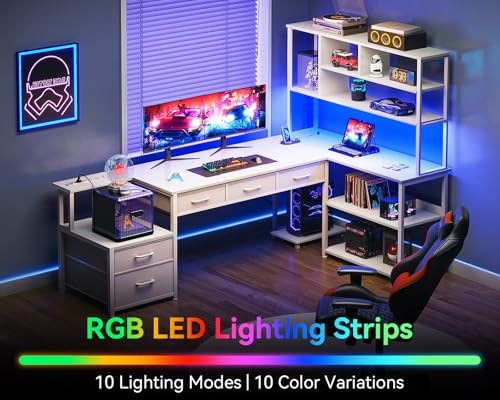 AODK 71 inch L Shaped Desk with File Drawers, Reversible L Shaped Gaming Desk with Power Outlets & LED Lights, Computer Desk with Storage Shelves for Home Office, Black