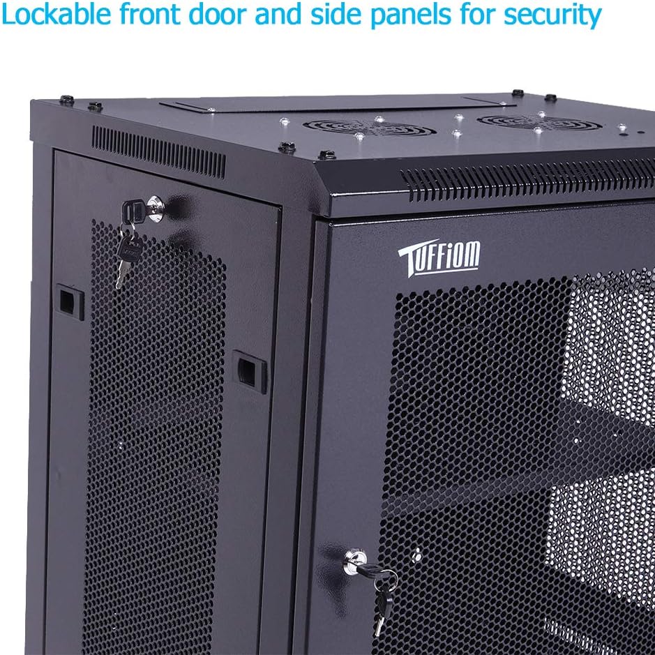 TUFFIOM 12U Casters Network Enclosure, 19 Inch Consumer Series Server Equipment Rack, Computer Date IT Network Cabinet Include 3 Side Panel Locks, Cooling Fan, No Assembly Required