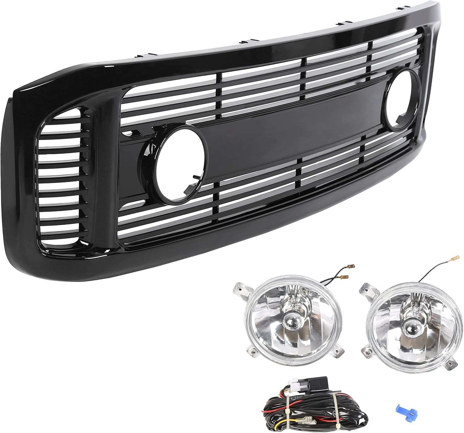 ECOTRIC Glossy Black Horizontal Front Hood Bumper Grille Grill ABS + Fog Lights Compatible with 1999-2004 Ford F250 F350 F450 F550
