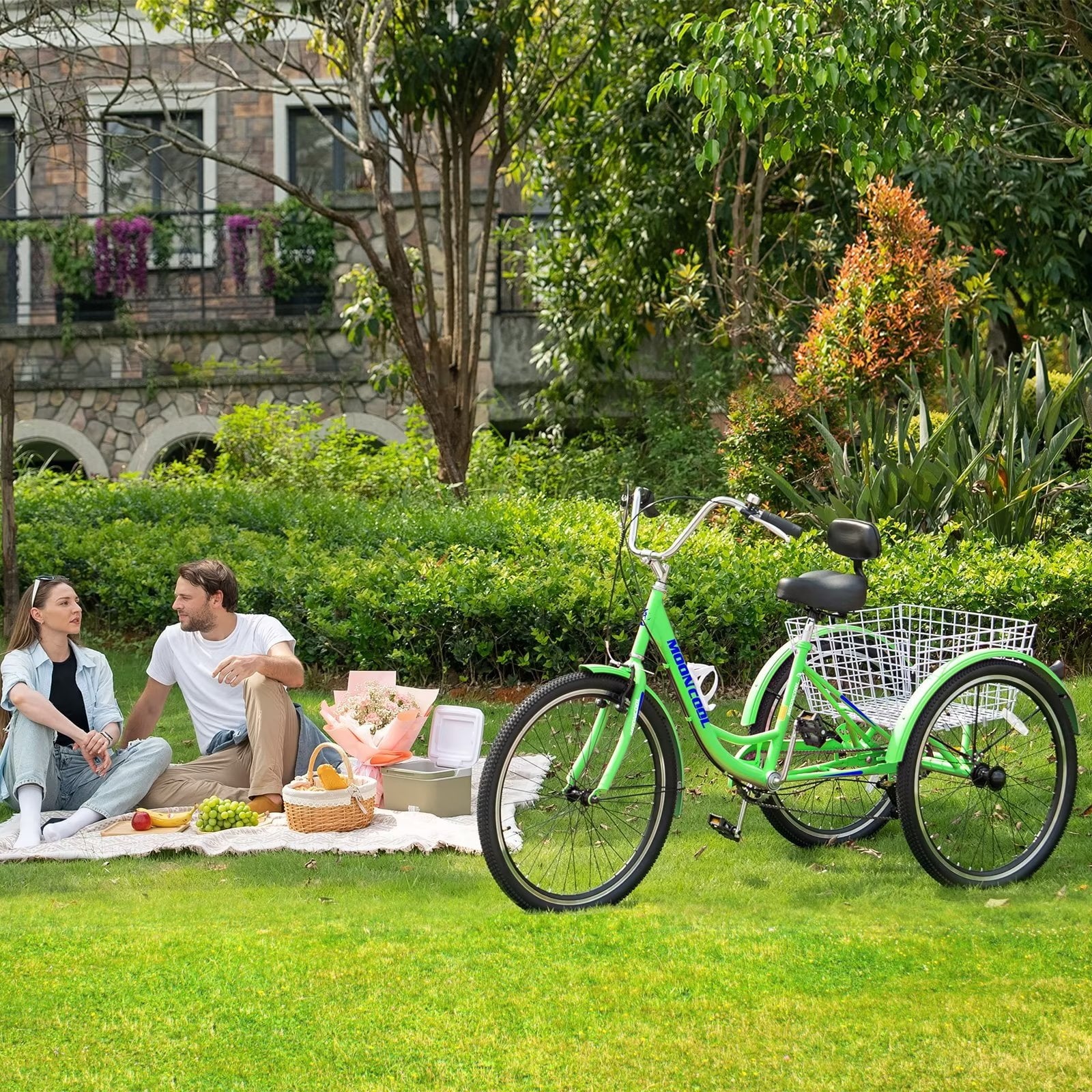 MOPHOTO Adult Tricycle for Seniors,Low Frame Three Wheel Bikes with Large Basket & Bell (Cyan, 26inch /7-Speed), 3 Wheel Cargo Bicycle,Safe and Durable Trike