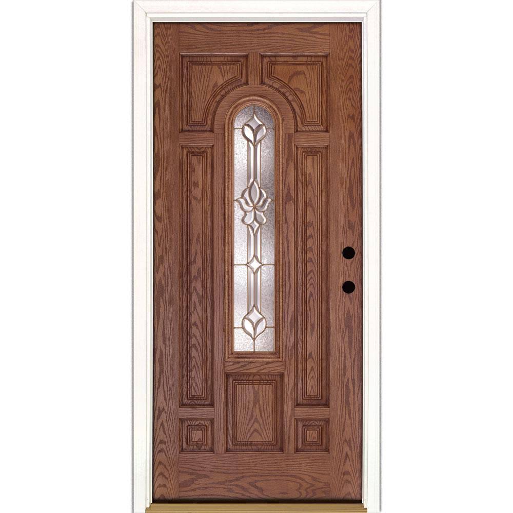 Feather River Doors 37.5 in. x 81.625 in. Medina Brass Center Arch Lite Stained Medium Oak Left-Hand Inswing Fiberglass Prehung