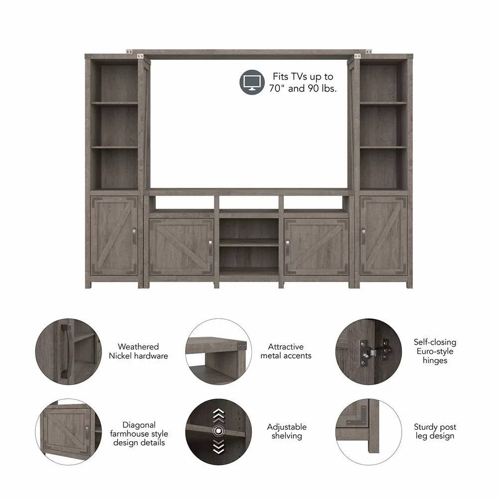 Bush Furniture 65W Farmhouse Entertainment Center with Shelves Restored Gray