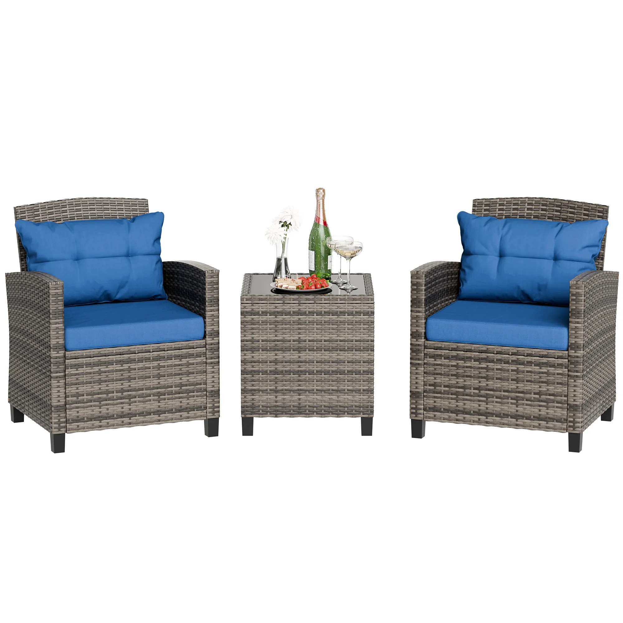 Walsunny 3 Pieces Patio Furniture Set Outdoor Wicker Conversation Bistro Set Outdoor Patio Chairs with Tempered Glass Table Beige