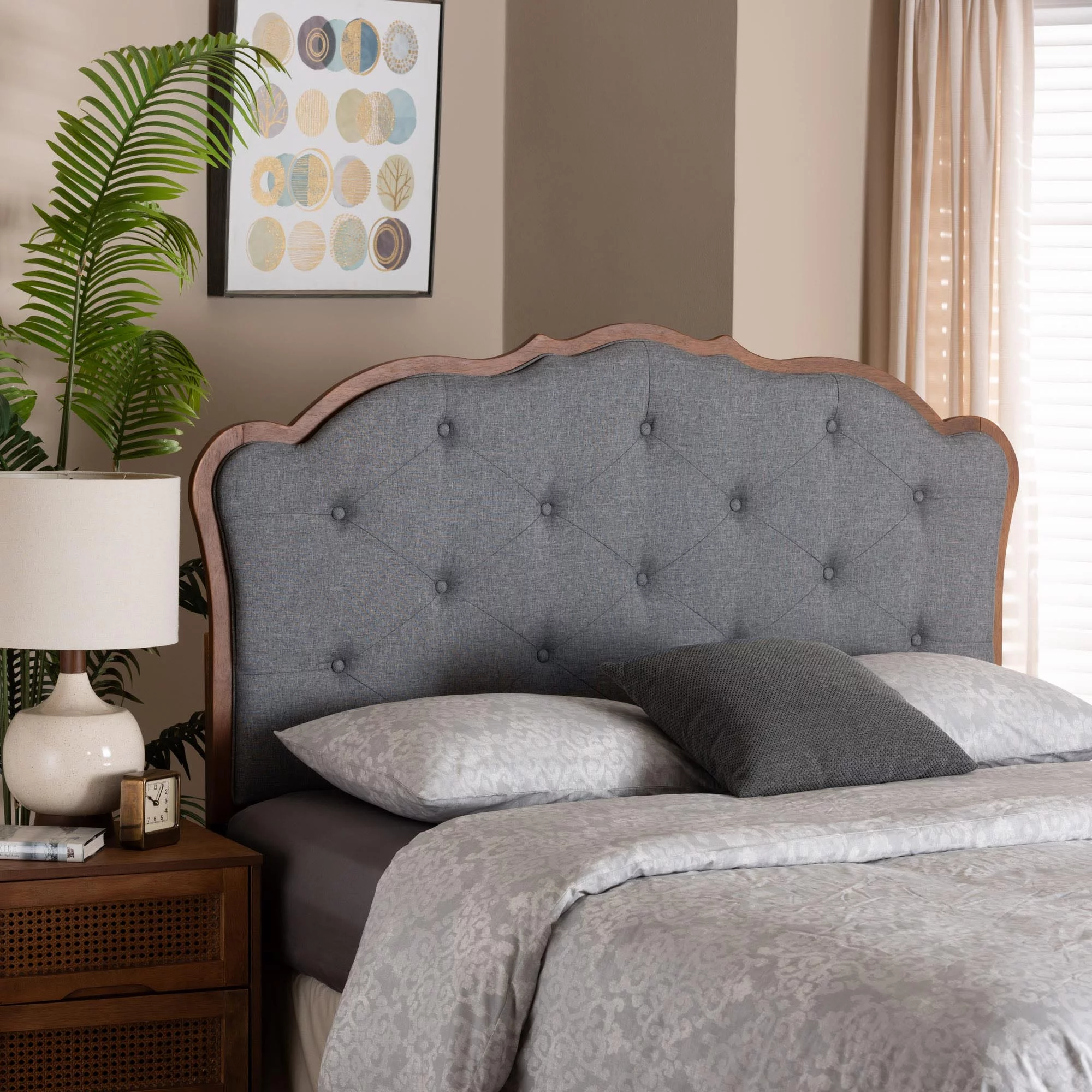 Baxton Studio Leandra Classic and Traditional Grey Fabric and Walnut Brown Finished Wood King Size Headboard
