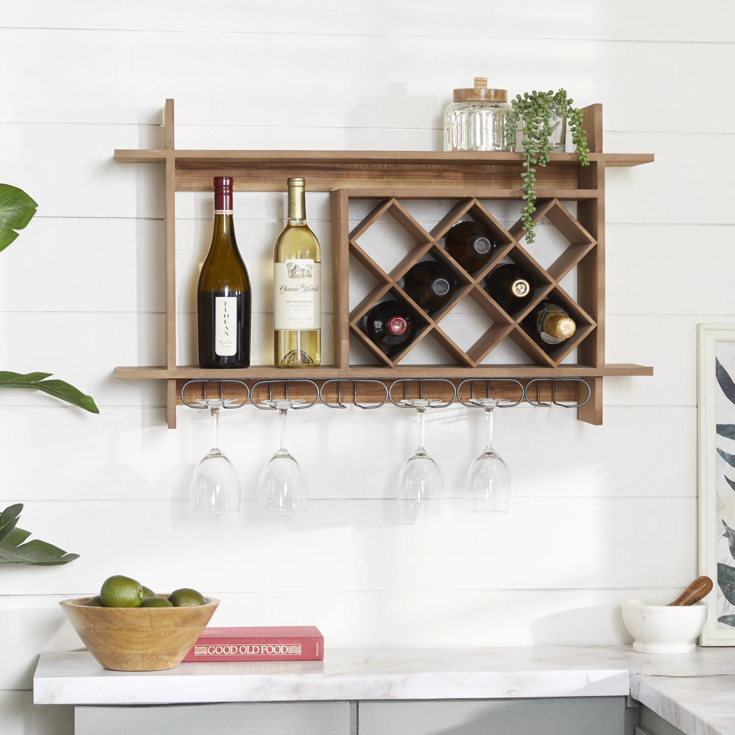 DecMode 34" x 20" Brown Wood Geometric 8 Bottles Wall Wine Rack with 6 Glass Holder Slots, 1-Piece