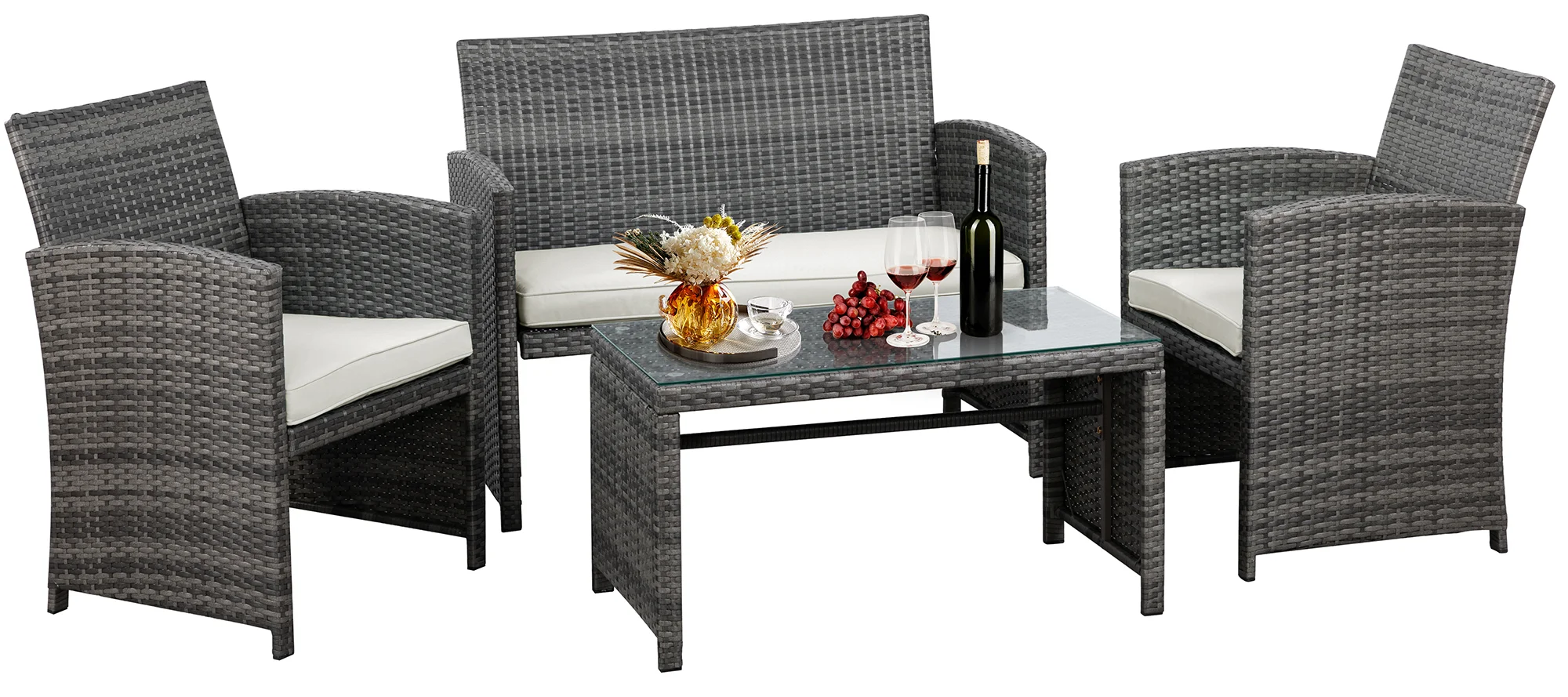 Walsunny 4 Piece Patio Ratten Set Outdoor Furniture Set Wicker Conversation Set with Cushions and Tempered Glass Tabletop