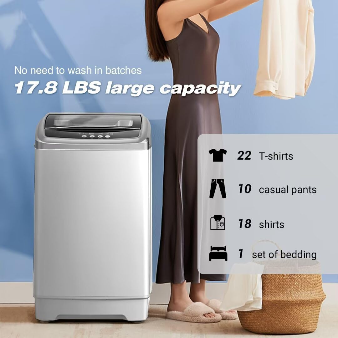 Small Washer Machine for Apartment, Washer and Dryer Combo with LED Display, 17.8LBS Apartment Washing Machine with 10 Washing Programs, Transparent Grey