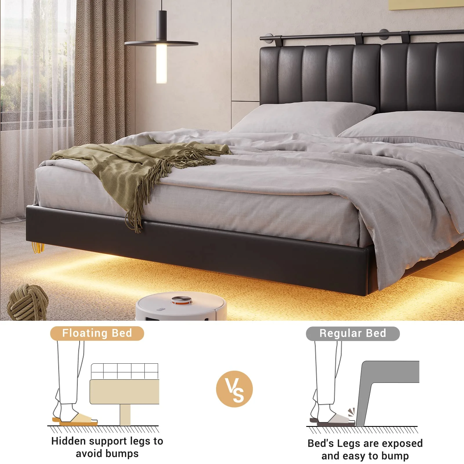 ADORNEVE Queen Floating Bed Frame with LED Lights and Wall Mounted Headboard, Modern Faux Leather Upholstered Platform Bed Frame, No Box Spring Needed, Black