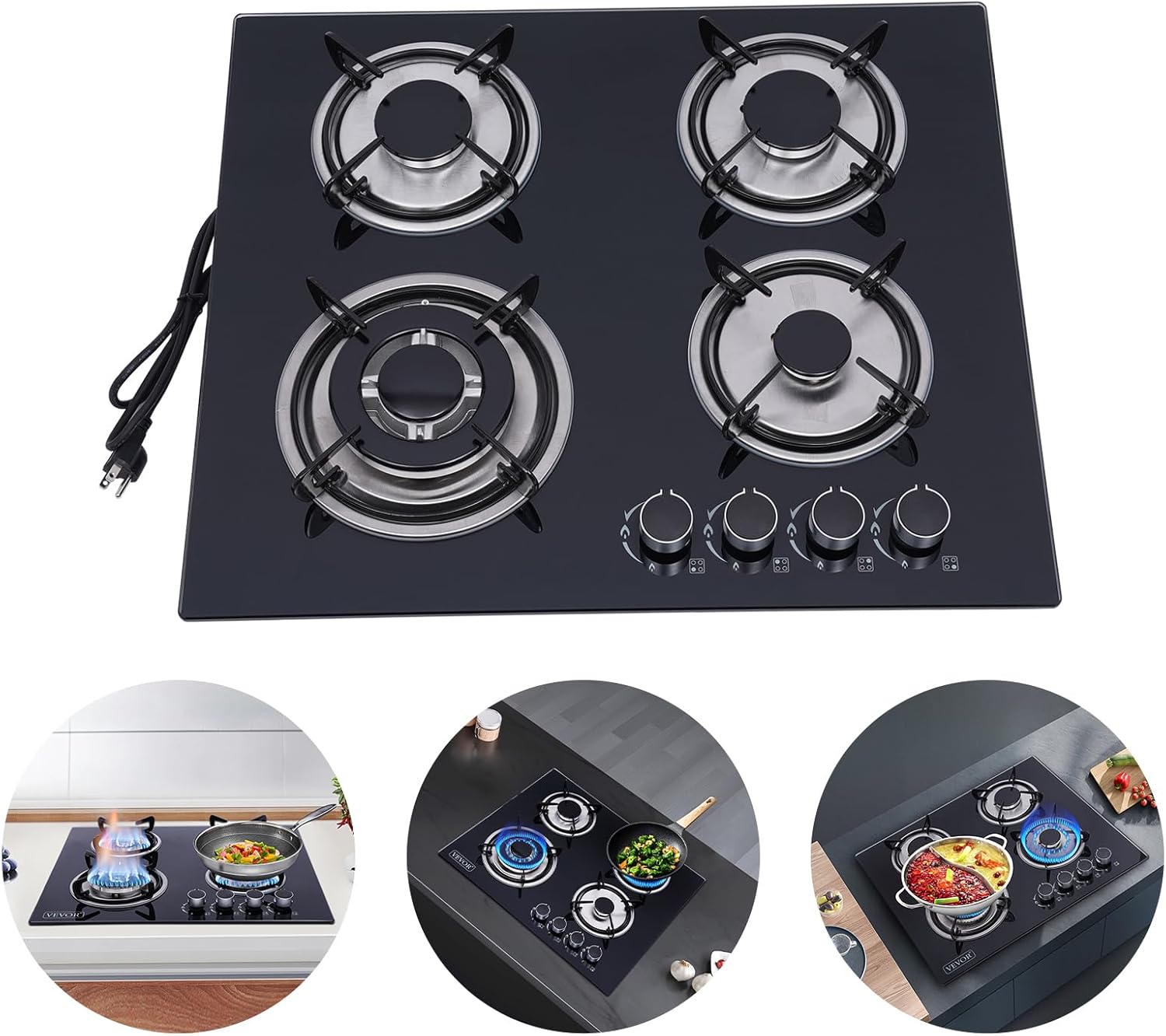 23'' Gas Stove Cooktop, Built in Gas Cooktop 4 Burners Stainless Steel Stove, LPG/NG Kitchen Cooker Thermocouple Protection, Easy to Clean Tempered Glass LPG/NG Gas Cooktop