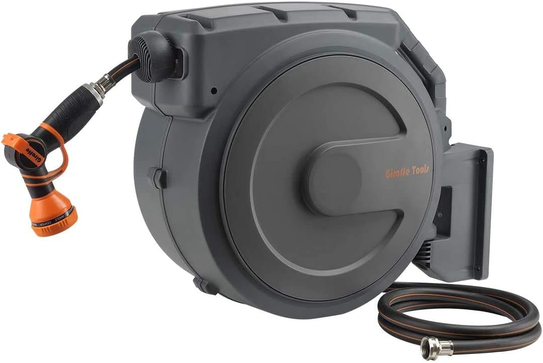 Giraffe Retractable Garden Hose Reel 1/2" 100ft with 9 Pattern Hose Nozzle, Wall Mounted Water Hose Reel Automatic Rewind with Any Length Lock and 180° Swivel Bracket
