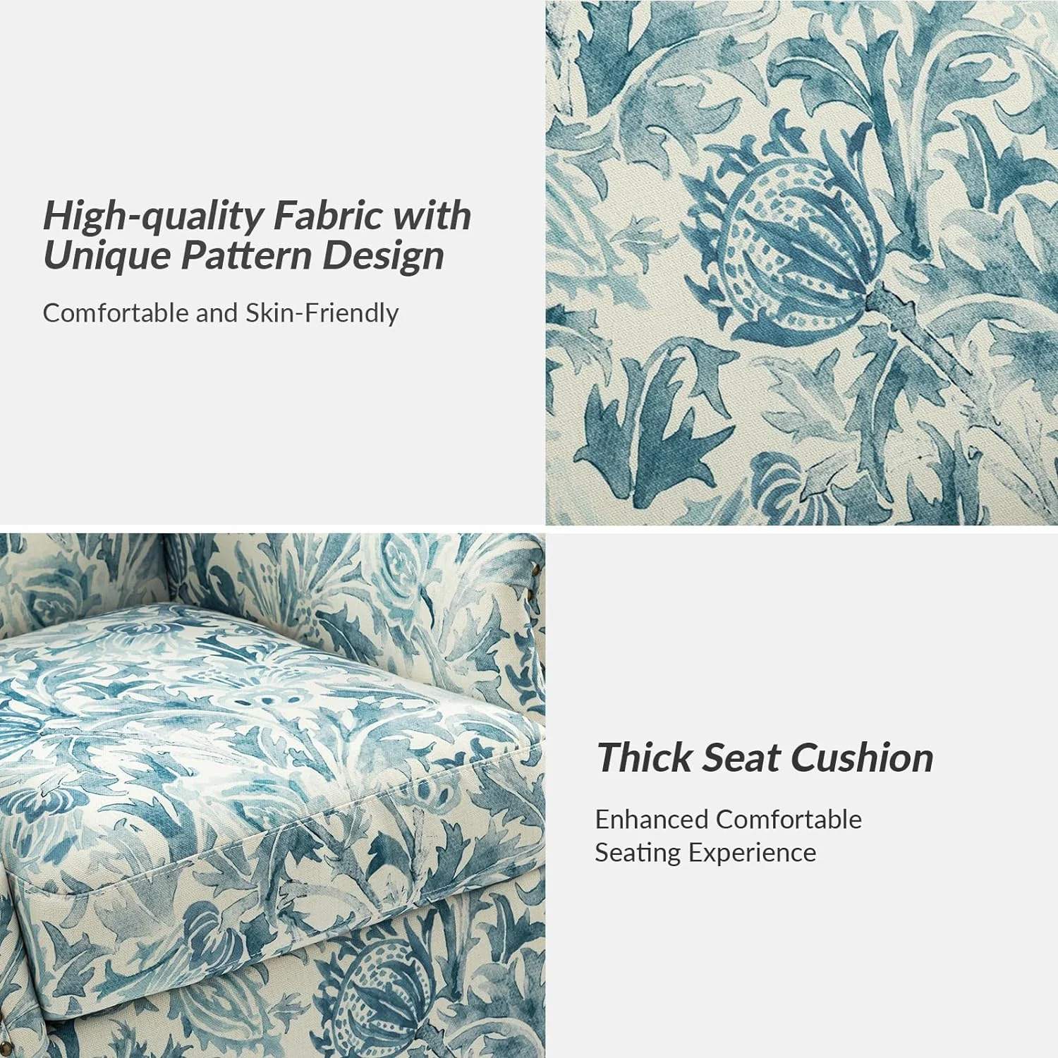 Modern Accent Chair With Wood Legs & Removable Cushion, Comfy Upholstered Armchair Nailhead Trim, Floral Design Single Sofa Cozy Club Chair For Living Room Bedroom Reading Office, Aegean