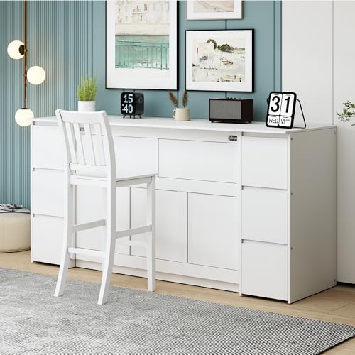 Twin Size Murphy Beds with Charging Station and Storage Drawers, Wood Cabinet Bed Frame, Wall Bed with Outlet & USB Ports for Home Office Studio, White