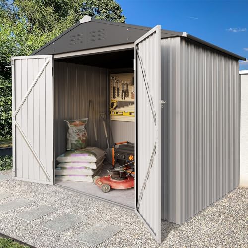 Greesum Outdoor Storage Shed 6 x 8 ft. Utility Tool Shed Metal Storage Garden Shed with Door & Lock for Patio Storage, Brown
