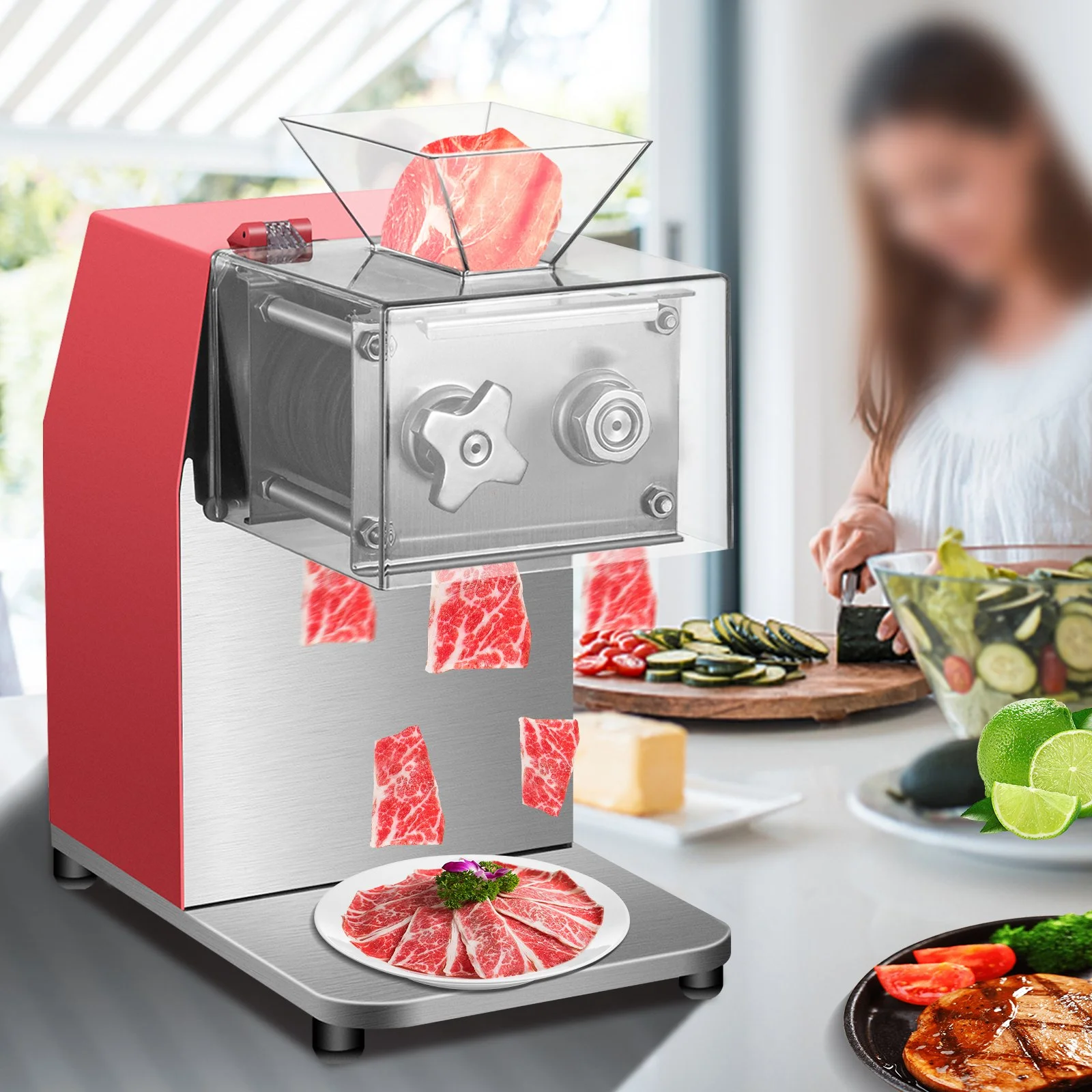 VEVOR 850W Commercial Meat Cutter, 551 Lbs/H Capacity with 3.5mm Blade, Electric Stainless Steel Food Cutter for Lamb, Beef, Chicken - Ideal for Kitchens & Supermarkets, Red