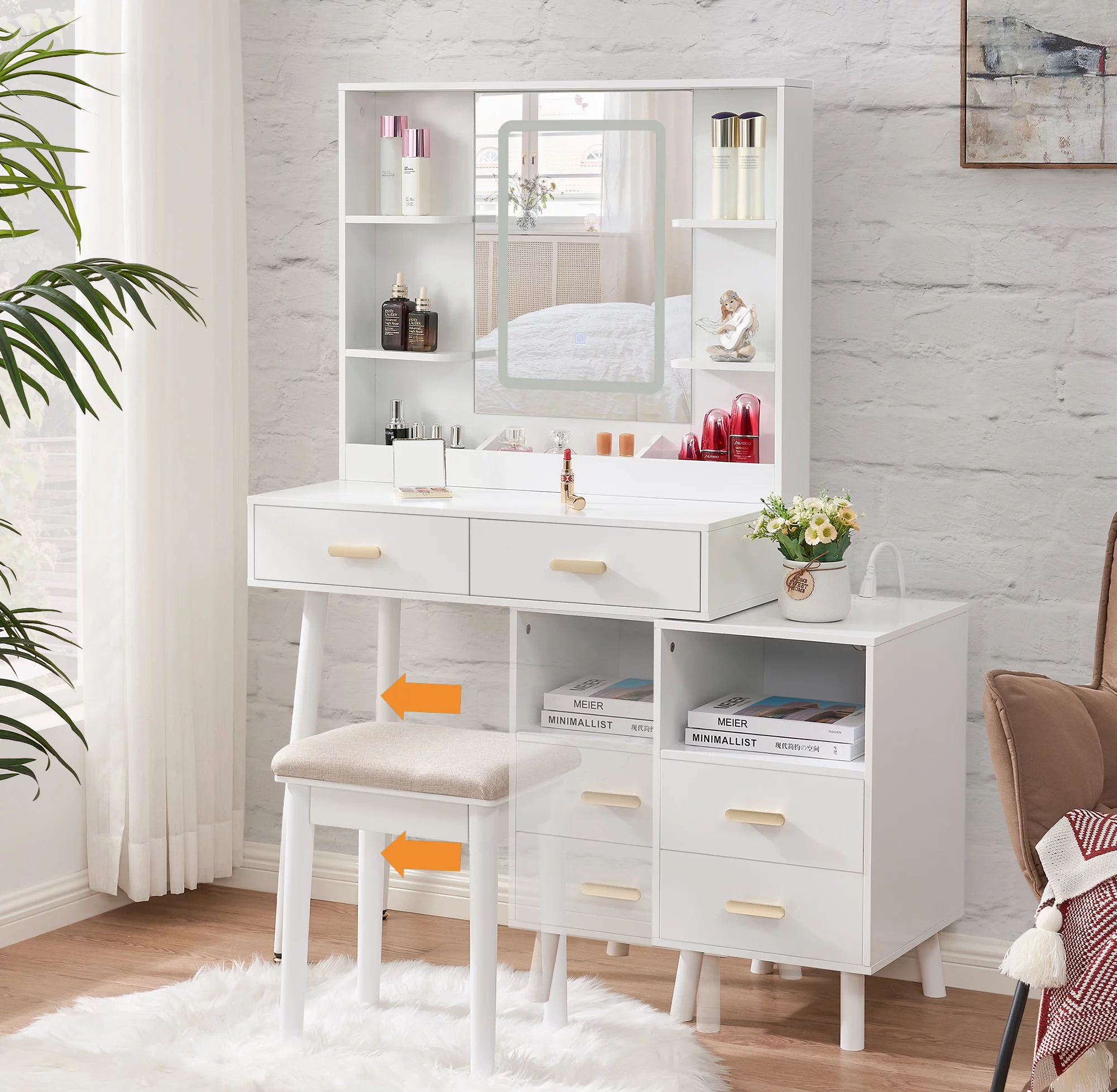 BEWISHOME Vanity Desk with Mirror and Lights, Makeup Vanity with Lights, White Vanity with Charging Station & Cabinets, Makeup Desk Vanity Table with 3 Colors Modes, Dressing Table Vanity Set FST18W